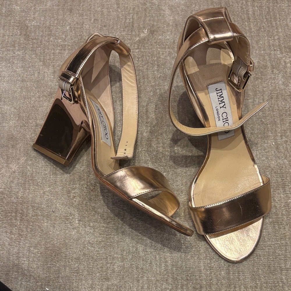 Jimmy Choo Metallic Gold Block Heel Sandals/Super Comfy